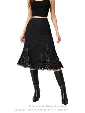 Whimsigoth Lace Hem Midi Skirt Black Cutwork Rhinestone Boho Gothic S